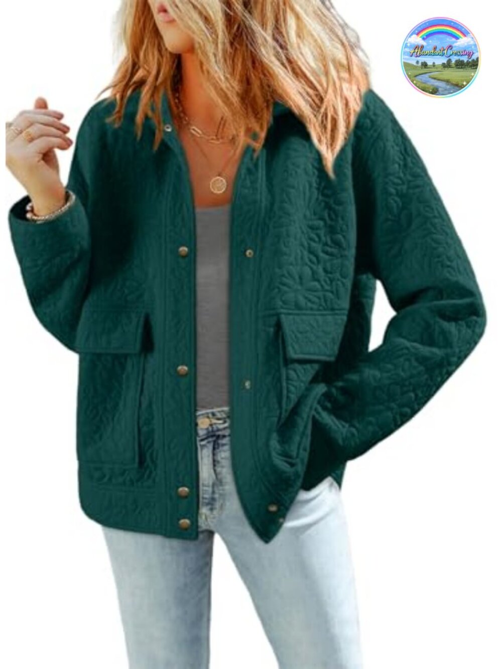Womens Quilted Button Down Jacket Long Sleeve Jacquard Coat Loose Fit